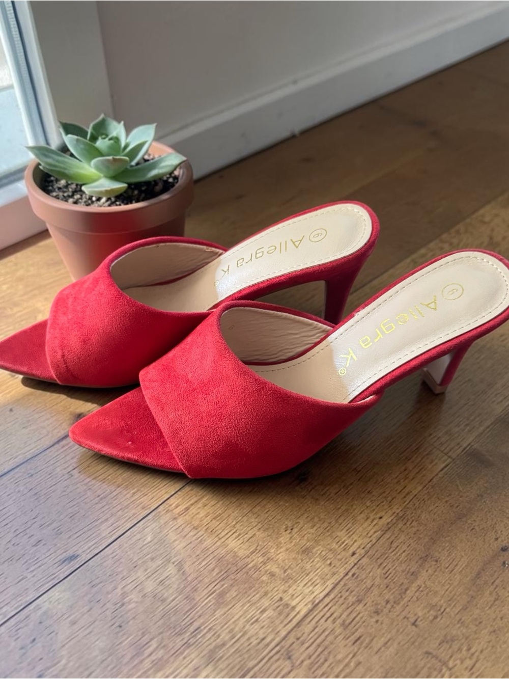 Allegra K Red Suede Pointed-Toe Slide Mules